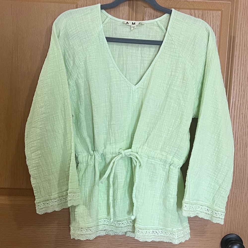 AMO Denim Pistachio Gauze Peplum Tie-Waist V-neck Top